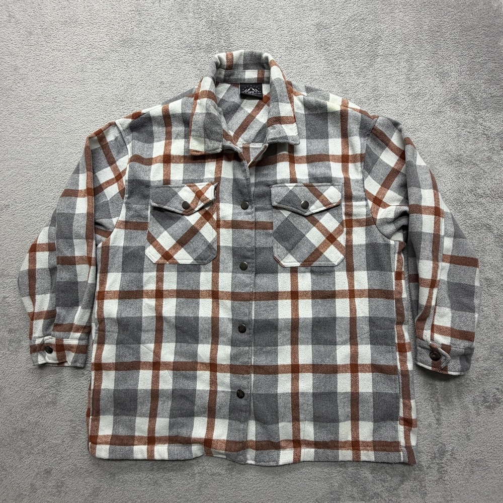 HFX Shirt Jacket Womens Large Gray Brown Plaid Snap Front Flannel Shacket‎